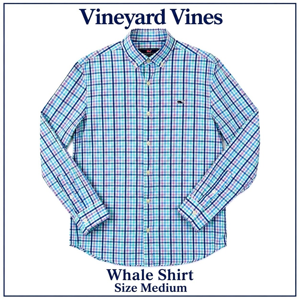 Vineyard Vines Whale Shirt Men M Blue Pink White Green Plaid Button Down Preppy